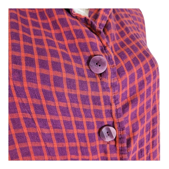 Flax Linen checkered button down top in purple and orange size L - Picture 3 of 9